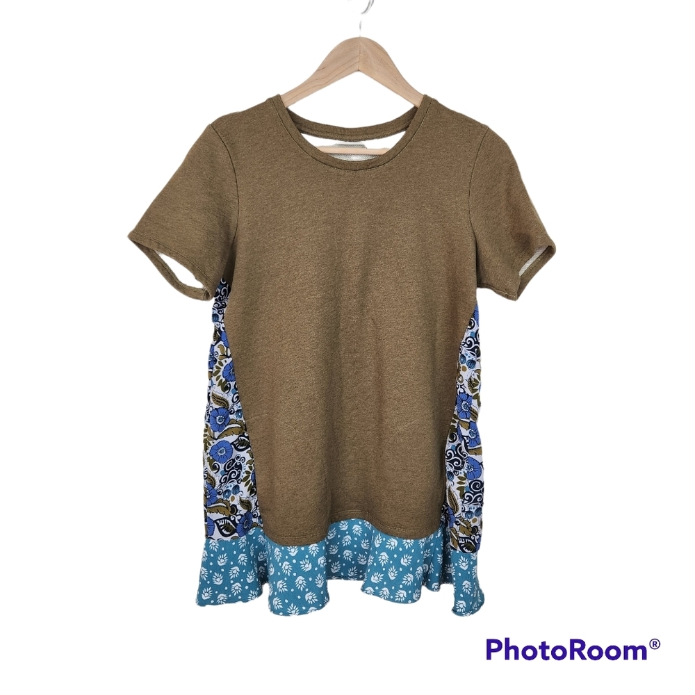 LOGO Lori Goldstein Lounge Green Blue French Terry Top Woven Floral Panels Sz S